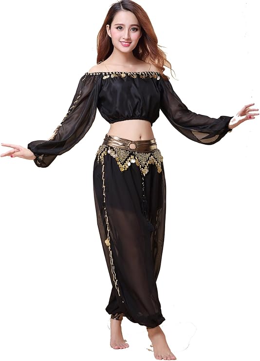 Belly Dance Chiffon Long Sleeves Top and Lantern Coins Pants