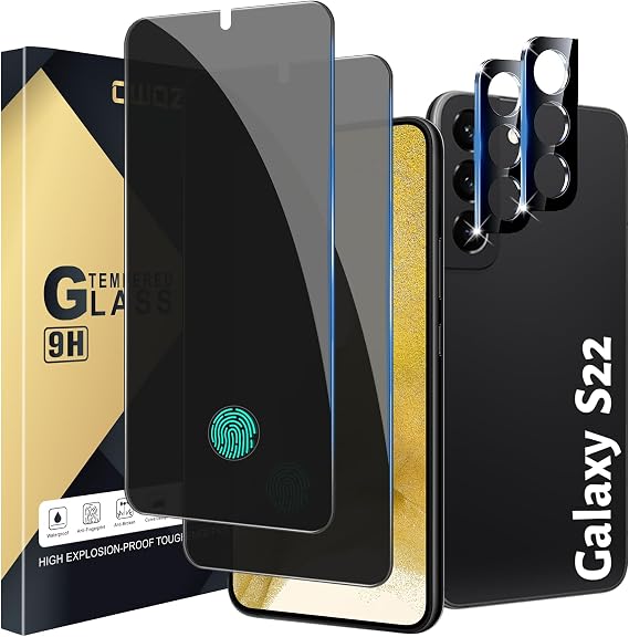 [2+2 Pack] Privacy Screen Protector Compatible with Galaxy S22 5G - 2 Tempered Glass with 2 Camera Lens Protectors - HD Clear - Bubble-Free - Anti-Spy - Scratch Resistant