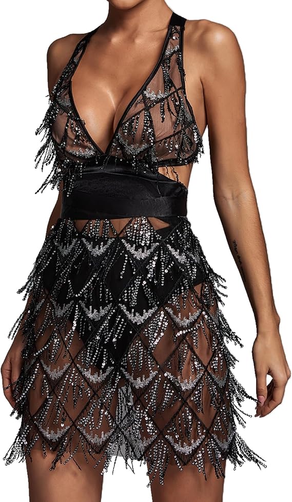 BELLA BARNETT Sexy Backless Mini Dress V Neck Corset Dress for Evening Party Club Glitter Tassels Bodycon Dress for Women