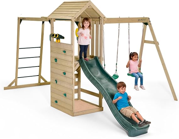 Plum Wooden Swing Sets for Backyard with Slide, Outdoor Toddler Playground Playsets, Monkey Bars, Jungle Gym for Kids, 2 Swings, Rock Climbing Wall, Telephone, Chalkboard, Sturdy, Weatherproof, Age 3+