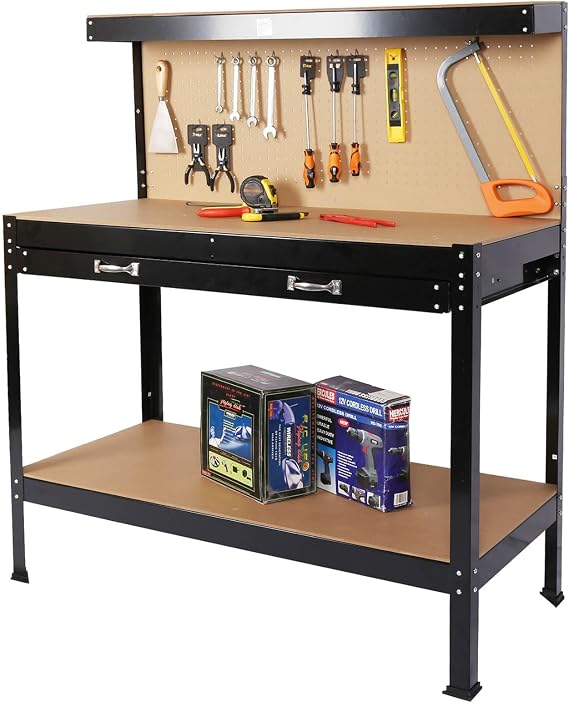 Heavy Duty Workbench with Drawer and Pegboard, Workshop Table with Storage Shelf, Steel Frame Work Bench for Garage, Home, Office, 300 lbs Capacity, (Steel 48")