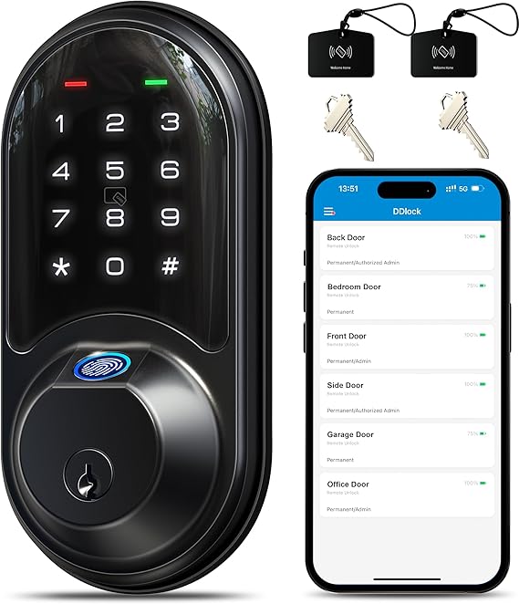 Veise RZ07 Fingerprint Smart Door Lock Deadbolt, App Control, Matte Black