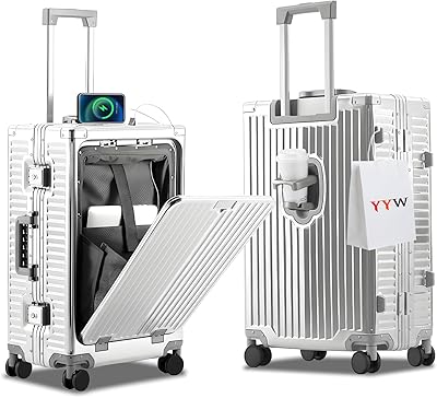 YYW All Aluminium Luggage With Spinner Wheels Lightweight PC hardside Rolling Suitcase, Built-In TSA lock Carry on Suitcase, with Cup Holder, USB Port, Phone Holder Silver,24inch39x25x65cm