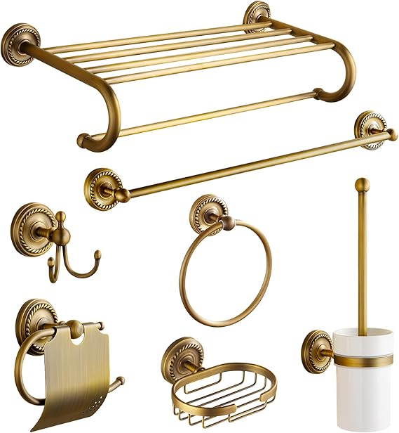 7 Piece Antique Brass Gold Bathroom Accessories Set - TooCust Brushed Brass 24 Double Towel Holder & Towel Bar - Wall Mounted Bathroom Hardware Kit