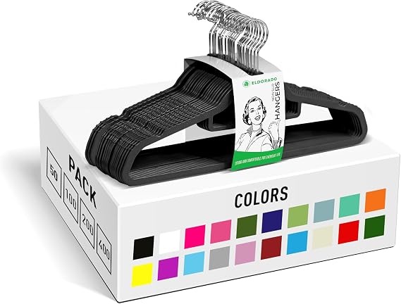 Eldorado Non-Slip Adult Hangers, Multicolor, for Everyday Use Value Packs (Midnight Black, 50)