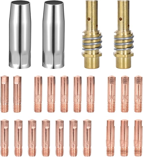24 Pack MB15 15AK Welding Gun Accessory Kit, Contact Tips for Welding, Handheld Welding Tip, Gas Nozzle/Contact Tip Holder Fit MIG Co2 Welding Torch,Chicago Welder, Titanium, Copper