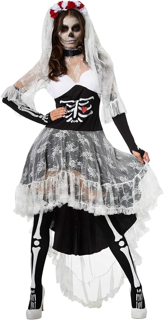dressforfun 900416 - Damenkostüm gruselige Skelett-Braut Vokuhila-Kleid mit Skelett- und Herzaufdruck (S Nr. 302005)