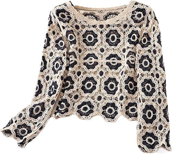Honganda Women's Knit Crochet Cardigan Long Sleeve Floral Embroidery Hollow Out Knitwear Spring Fall Y2K Boho Sweater