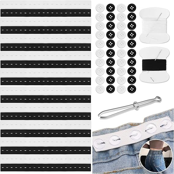 20Pcs Adjustable Elastic Jean Waist Tightener, Pants Waist Extender Waist Extenders Supplies, Pants Button Tightener with 40 Buttons, 2 Sewing Kit &1 Thread Hook