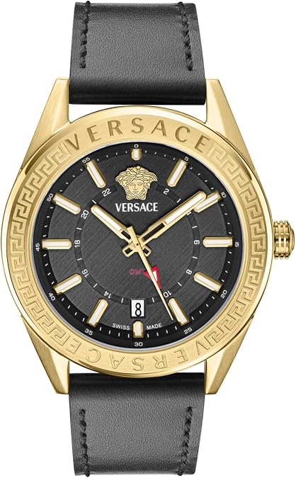Versace V-Code GMT Collection Luxury Mens Watch Timepieces with a Black Strap and Dial Featuring a Gold Case