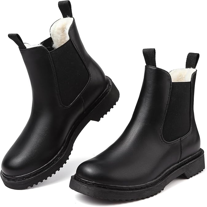 Womens Winter Chelsea Boots Warm Faux Fur Lined Chunky Lug Ankle Booties