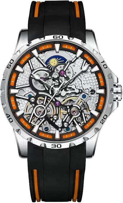 Men's Skeleton Watches Automatic Mechanical Watch with Dual Balance Wheels (Silver Orange)