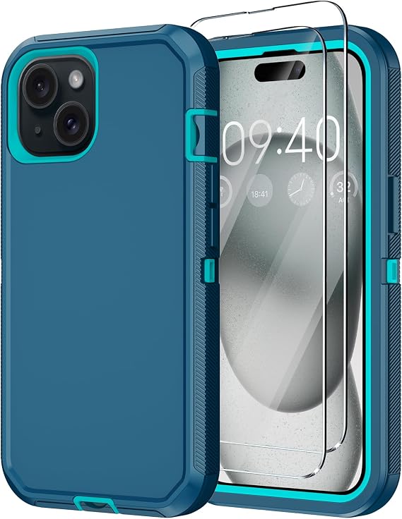 for iPhone 15 Case with 2 Screen Protector,Shockproof Drop Protection Full Body Heavy Duty 3-Layer Military Rugged Durable Phone Cover for Apple iPhone 15 6.1" (Dark Green)