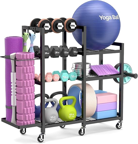 ikkle Home Gym Storage Rack with Wheels, Adjustable Dumbbell Weight Rack
