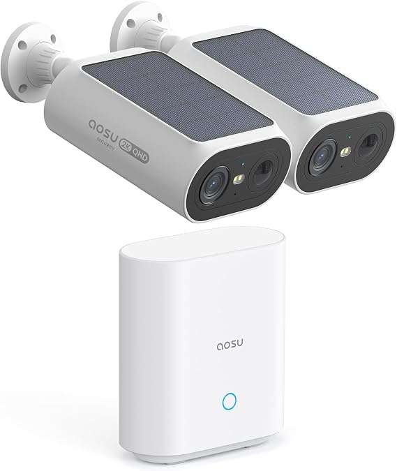 aosu 2K Security Camera Outdoor Wireless, 2 Cam-Kit with Homebase, No Monthly Fee with Integrated Solar Panel, Forever Power, No Blind Spot Home Security, 32GB Local Recording [Energy Class A+++]