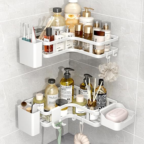 Corner Shower Caddy Kits,6Pcs Bathroom Shelves,Shower Storage Rack,Shelf Organiser No Drilling,Rust-Resistant Shower Caddy Organiser Wall Mounted with Soap Holder&Hooks&Toothpaste Holder (White)
