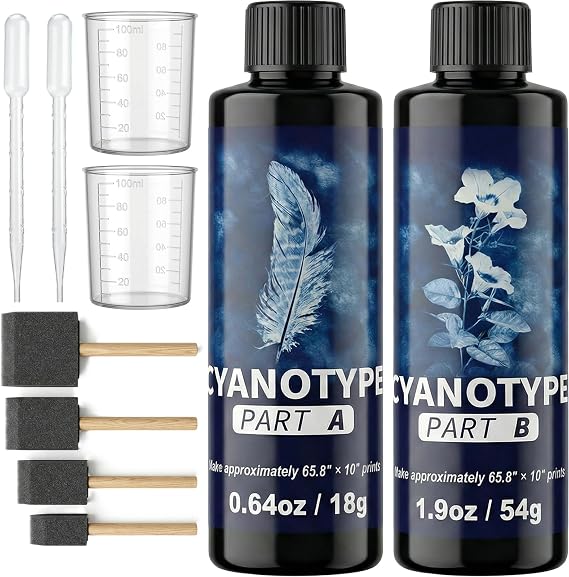 Rlcvecv Cyanotype Kit for with 8 Tools Sunprint Kit with Chemicals & Sensitizer, Photo Printing Fabric Art Set for Beginners, Paper & Creative DIY Projects