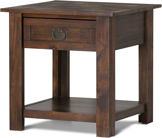 SIMPLIHOME Robbie 16" Wide Solid Wood Round End Table in Teal Wash | Rustic accent table with a storage drawer and open shelf; rectangular side table or accent table for living room or bedroom.