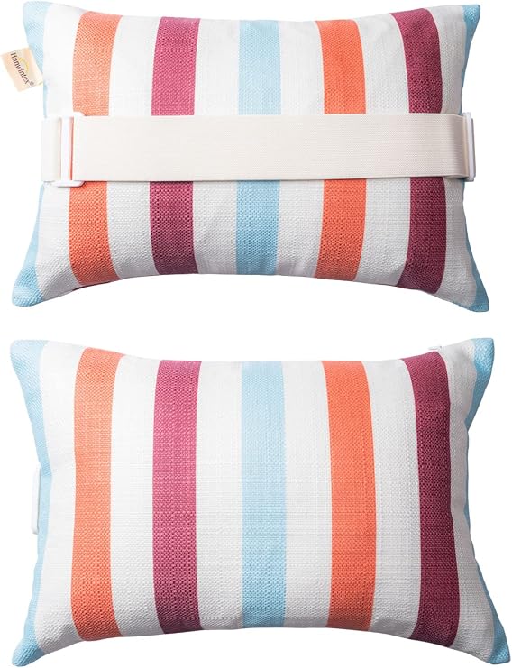 Outdoor Beach Chair Head Resting Pillow, Pool Lounge Chair Pillows with Insert and Adjustable Elastic Stripe for Recliner Sunbrella Neck Attachment, 2 Pack Size 11*16 Strip II Red