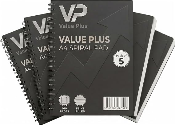 A4 Spiral Notebooks | Soft Cover, Feint Ruled with Margin, 160 Pages, Perforated Wirebound Pads (Pack of 5)
