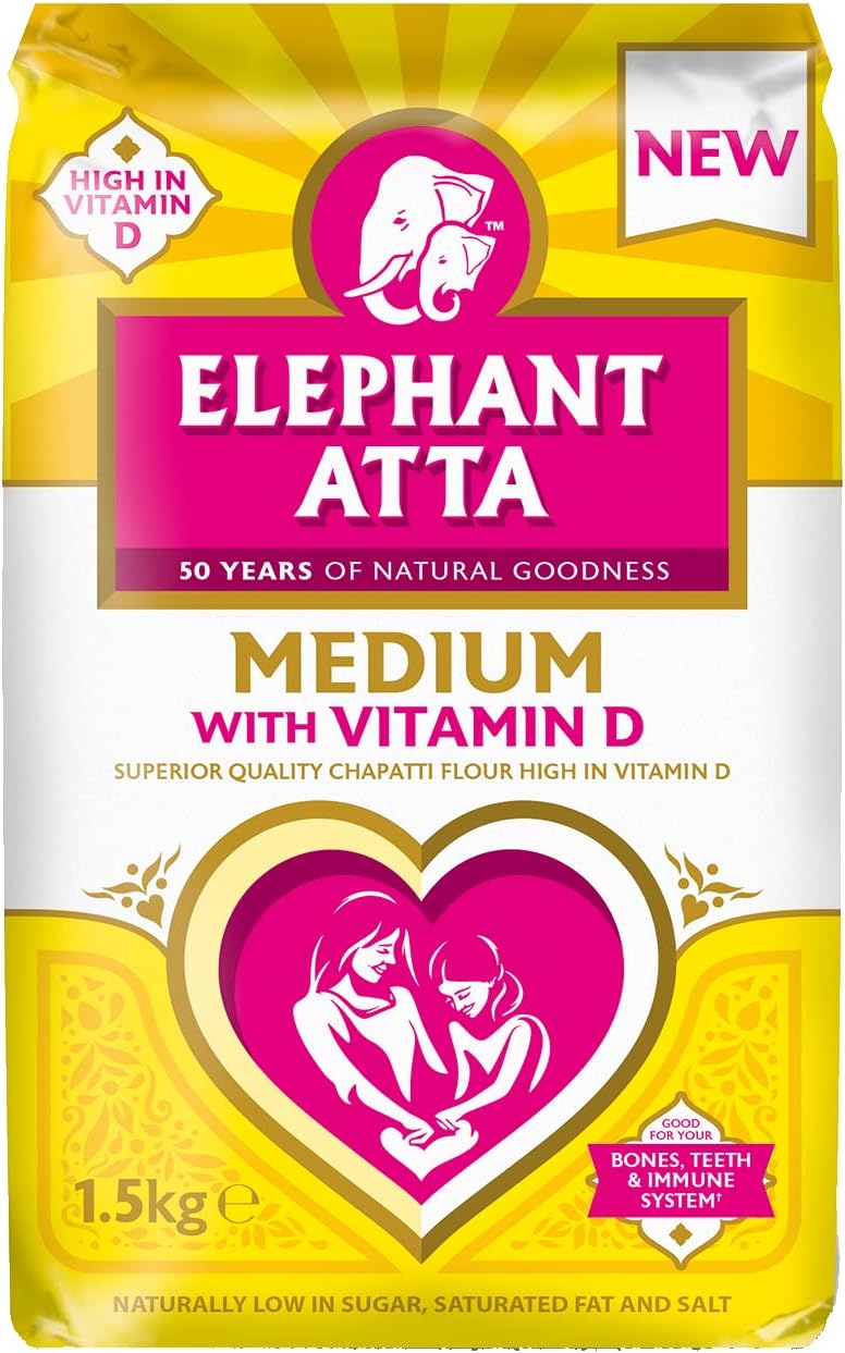 Elephant Atta Medium Atta Flour with Vitamin D | Atta | Vitamin D | Chapatti Flour | Forfeited Flour | Health Flour | Vit D | Naan Flour | Roti Flour | Plain Flour | 1.5kg