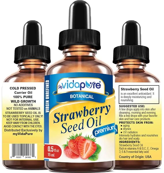 STRAWBERRY SEED OIL 100% Pure Unrefined Virgin Cold Pressed. Moisturizer for Face, Skin, Hair, Nails, Scars, Anti Aging Omega 6 Vitamin C (0.5 Fl Oz)