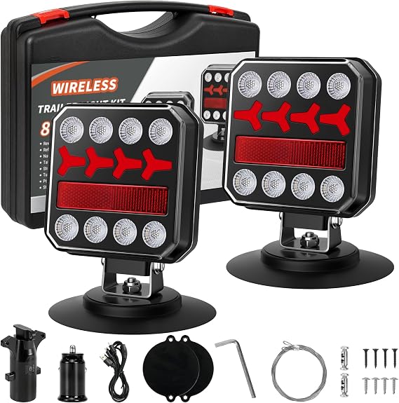 Wireless Trailer Lights, Rechargeable Magnetic LED Trailer Lights with Reverse Light, Portable Wireless Tow Tail Light Kit for Trucks, Boats, RVs, Campers