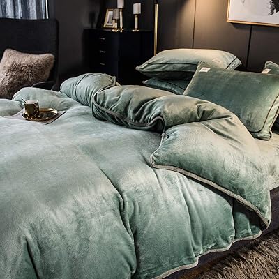 Bedding Set,Four-Piece Warm Milk Flannel Bed Winter Crystal Coral Fleece Thickened Double-Sided Plus Suede Sheet Duvet Cover-Jade_2.0m Bed