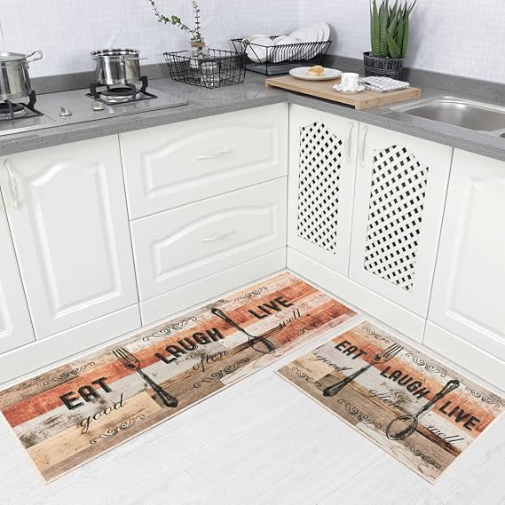 Carvapet 2Piece Kitchen Mat Set 17"x48" & 17"x24" Brown Orange Farmhouse Pattern NonSlip Washable Floor Mats for Kitchen Laundry Entryway