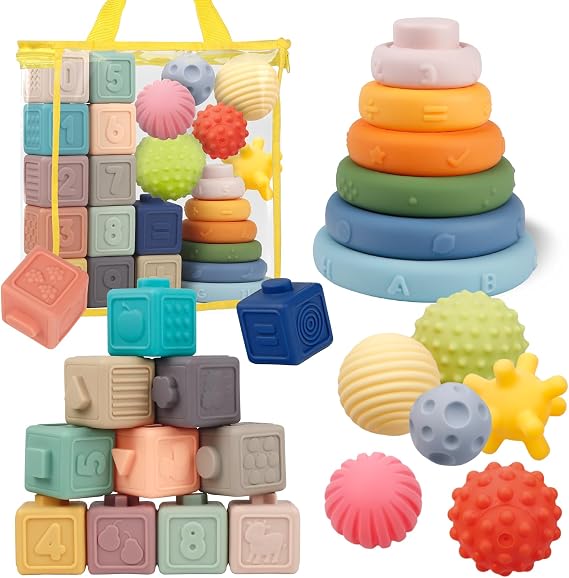 Montessori Baby Toys 18M+, 24pc Stacking Rings, Soft Blocks & Sensory Balls