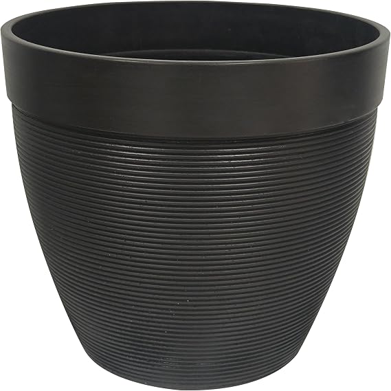 Olly & Rose Artstone Black 25cm Plant Pot Black - Horizontal Lines Large Plant Pots Outdoor and Indoor - Planters - Flower Pots