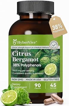 Citrus Bergamot Supplement 1000mg, Standardized 38% Polyphenols High-Potency Extract for Heart & Metabolic Wellness, Antioxidant-Rich Formula, Non-GMO, Made in USA, 90 Vegan Capsules
