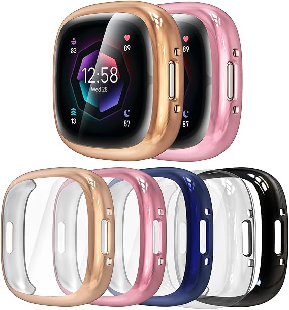 5 Pack Silicone Screen Protector Case Compatible with Fitbit Sense 2/Versa 4, Full Coverage HD Ultra-Thin TPU Bumper Case Compatible with Fitbit Versa 4/Sense 2, Clear/Black/Blue/Rose Gold/Pink