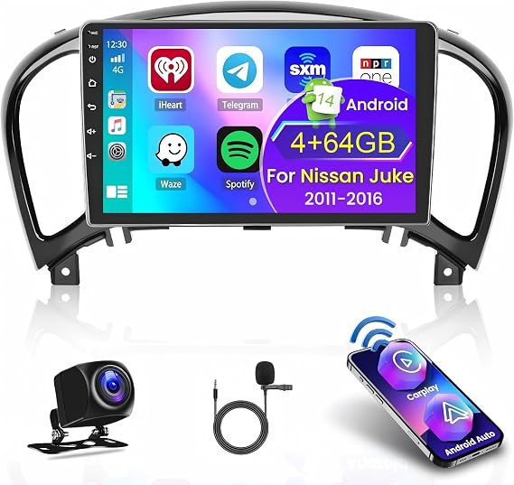 [4G+64G] Android 14 Car Stereo for Nissan Juke 2010-2014,Update Radio with 9inch IPS Touch Screen Compatible with Wireless Carplay 2Din GPS WiFi Bluetooth Mic + AHD Backup Camera