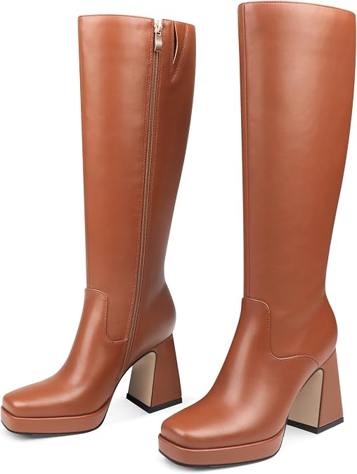 COLETER Women's Knee High Boots Pointed Toe Chunky Block Heel Gogo Boots