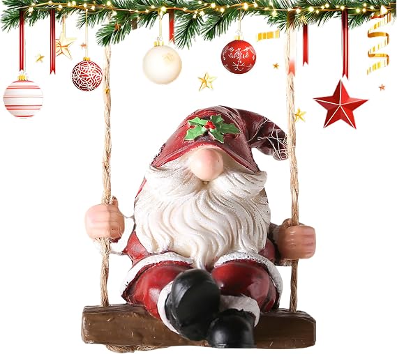 Gnome Figurines for Garden,Christmas Gnome on Swing Sculpture Decoration | Resin Tree Decoration Figurine for Indoor Outdoor Backyard Window Balcony Garden Yard Lawn Patio Fence