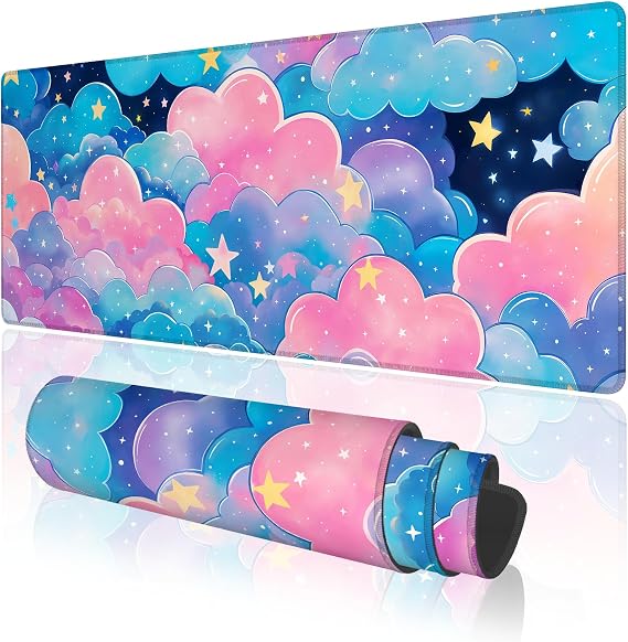Pink Cloud Large Gaming Mouse Pad with Anti-Slip Base for Keyboard, Kawaii Colorful Extended XL Mousepad Matt for Girl, Cute Desk Mat with Stitched Edges for Desk, 31.5 x 11.8 in