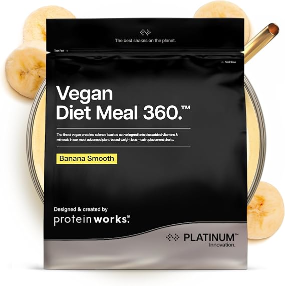 Protein Works | Vegan Diet Meal 360 - Platinum, Banana Smooth, 1kg | Advanced Vegan Protein Meal Replacement, Tri-Protein Blend, Probiotics, Green Tea, MCTs, Nutritionally Complete, 16 Meals