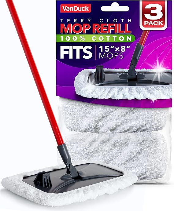 VanDuck 100% Cotton Terry Mop Pads 15x8 Inches, 3-Pack (Mop Not Included)