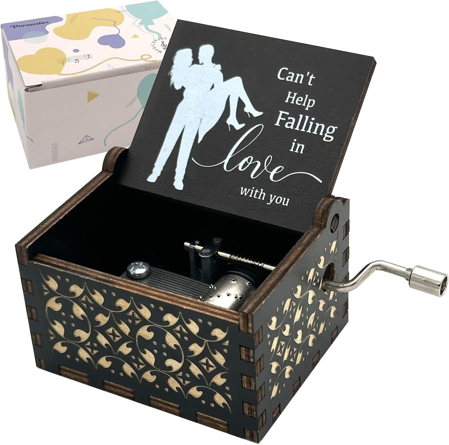 Pursuestar Cant Help Falling in Love Wood Music Box, Vintage Engraved Musical Boxes for Lover Girlfriend Boyfriend Wife Husband - Gifts for Birthday Anniversary Valentines Day