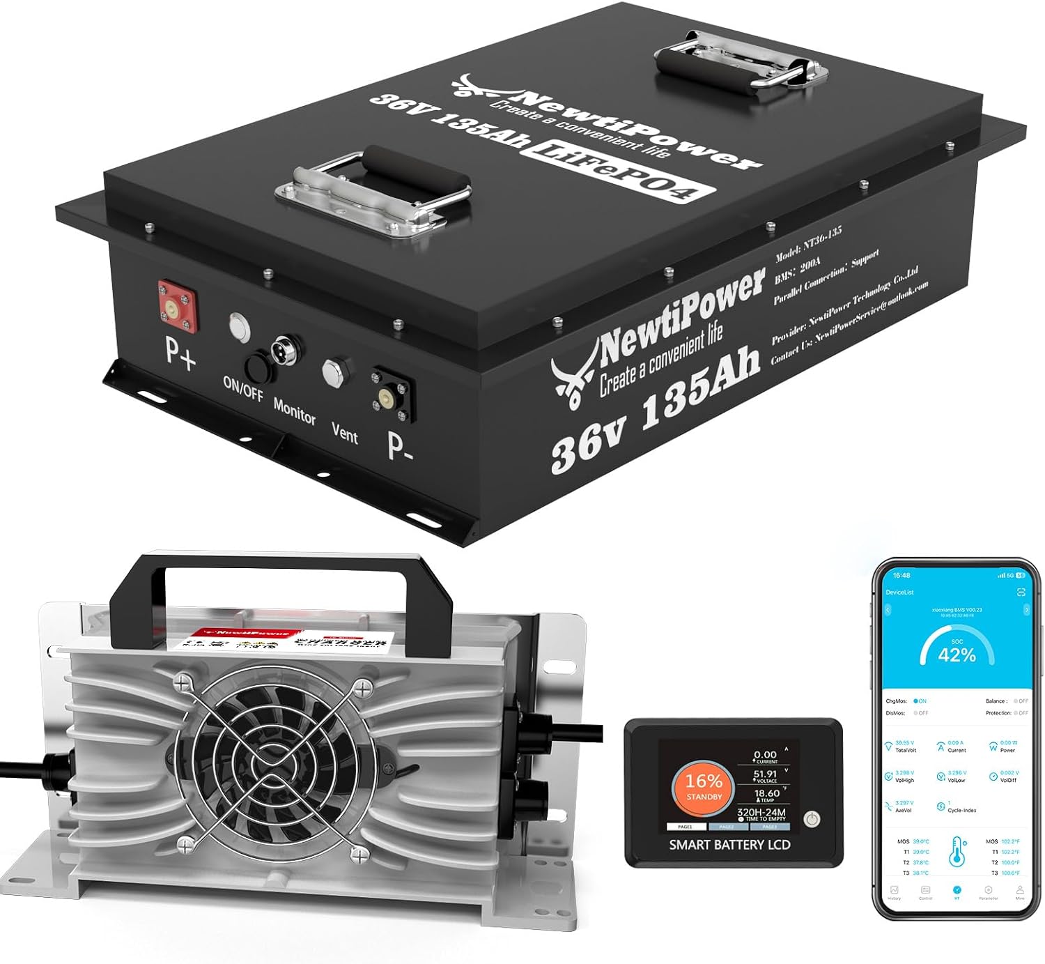 36V 135Ah Golf Cart Lithium LiFePO4 Battery with Charger and 200A BMS