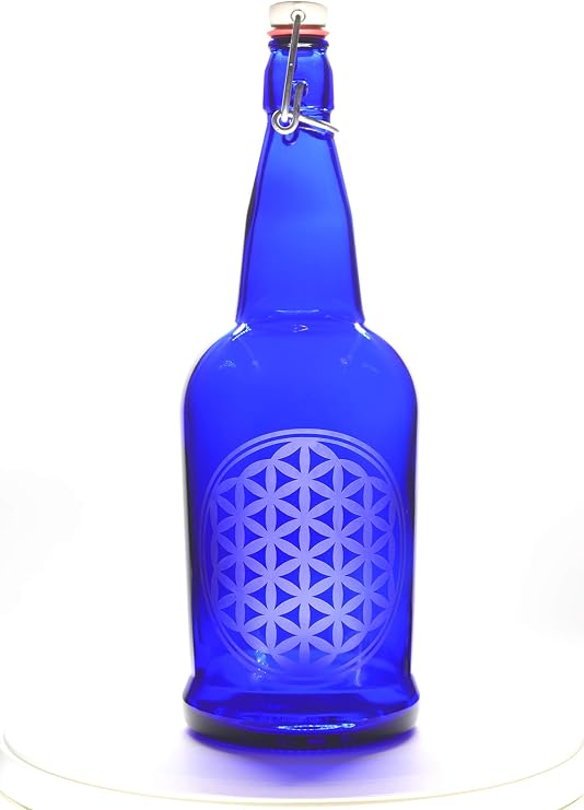Cobalt Blue Glass Water bottle, Reusable, Swing Top, 32oz, Flower of Life symbol, Eco Friendly, Infused Water