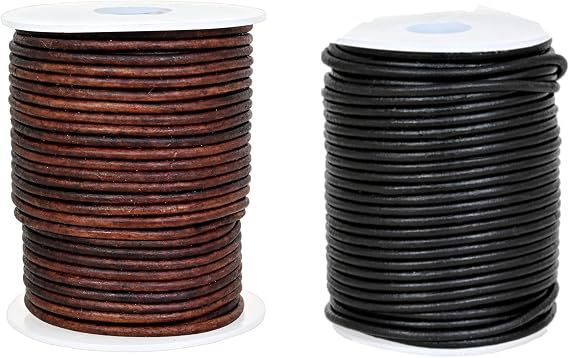 GENIQUE Round Leather Cord 2mm for Necklace, Bracelets, Jewellery(Antique Brown + Black Distressed)