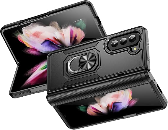 Phone Case for Samsung Galaxy Z Fold 5 with Metal Ring Stand Silicone&PC Hybrid Cover Heavy Duty Rugged Military Grade Protective Hard Shell fit Magnetic Car Mount (Black)