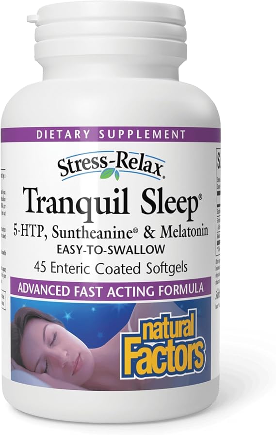 Stress-Relax Tranquil Sleep by Natural Factors, Sleep Aid with Suntheanine L-Theanine, 5-HTP, Melatonin, 45 Softgels | Nighttime Sleep Support for Calm, Relaxation, Restful Sleep & Natural Sleep Quality*, Enteric-Coated Softgels, Non-GMO