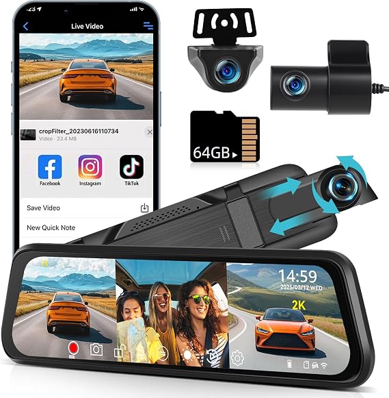 NHOPEEW 2K Mirror Dash Cam 3 Channel - 9.66 Inch IPS Touchscreen Smart Rear View Mirror - WiFi & APP Control/Night Vision/Loop Recording/G-Sensor / 24-Hour Parking Monitor + Backup Camera