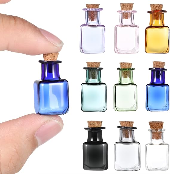 9 Pack Mini Glass Bottles with Cork Stoppers Colored Tiny Spell Jars 2mL Mini Potion Bottles Small Wishing Bottle Decorative Bottle for Party Wedding Decorations