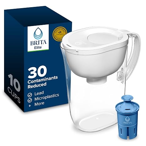 Brita Large 10-Cup Elite Water Filter Pitcher, WQA NSF/ANSI Certified, Reduces 99% of Lead, Microplastics, 30 Contaminants, BPA-Free, Removes Chlorine Taste & Odor, 1 Filter Included, White