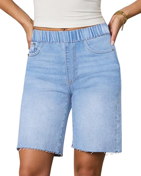Women's Raw Hem Denim Bermuda Shorts Mid-Rise Long Jorts Baggy Pull On Strechy Jeans Shorts with Elastic Waist