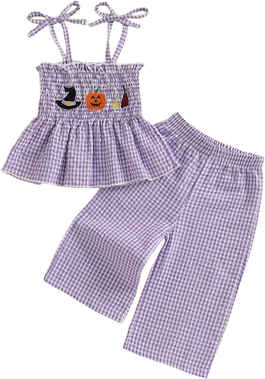 Kayotuas Toddler Girl Christmas Outfit Santa Smocked Spaghetti Strap Tank Top Dress Gingham Plaid Pants Set Christmas Clothes